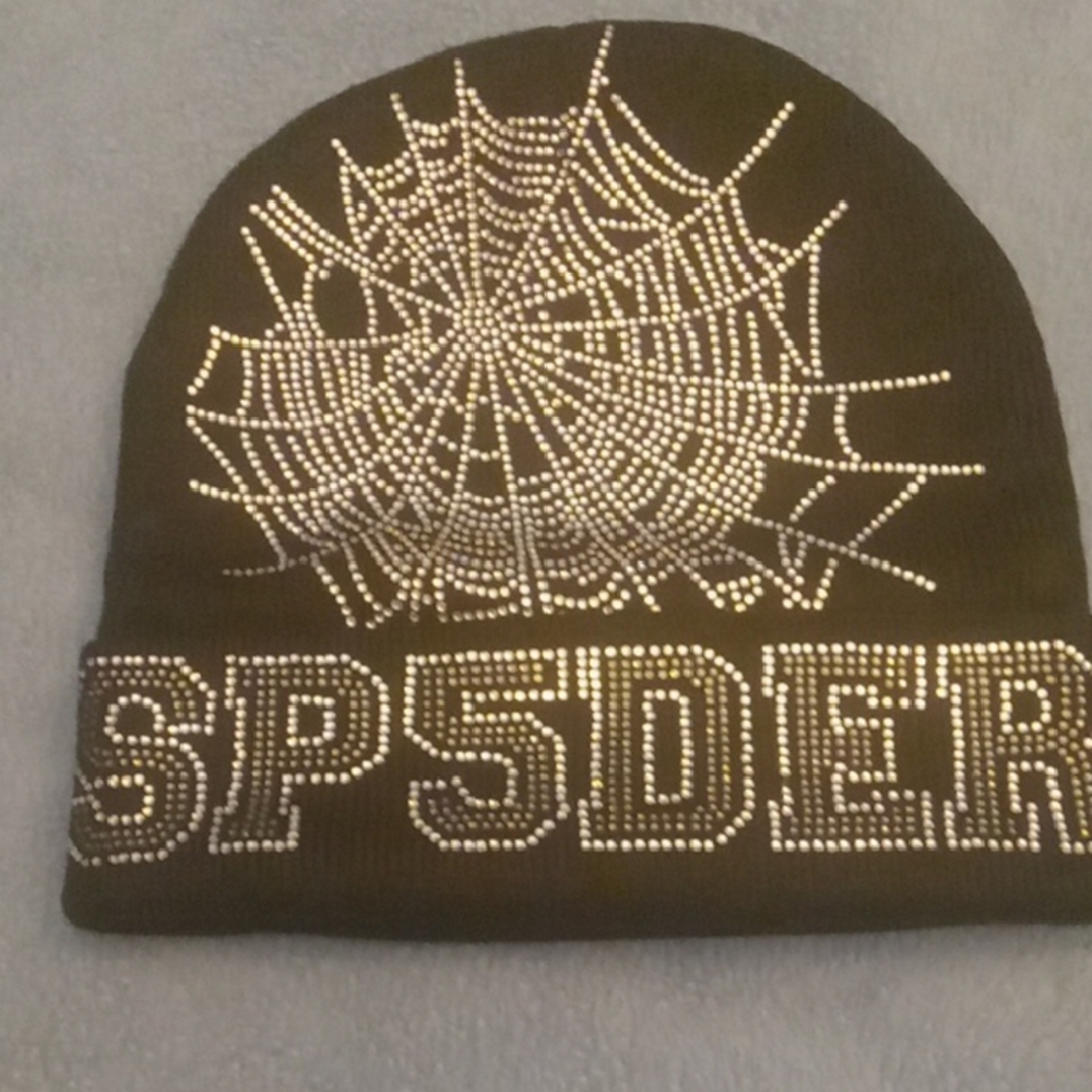 SP5DER Black Beanie with Rhinestone Design